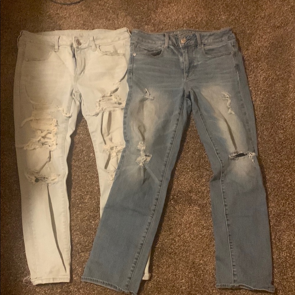 Stylish Distressed Women's Jeans - Light Blue and Cream